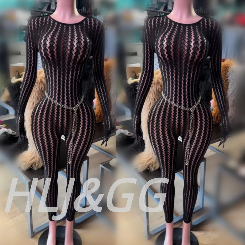 HLJ&GG Sexy Mesh Stretchy See Though Bodycon Jumpsuits Women Round Neck Long Sleeve Slim Playsuits Fashion Print Overalls 2025