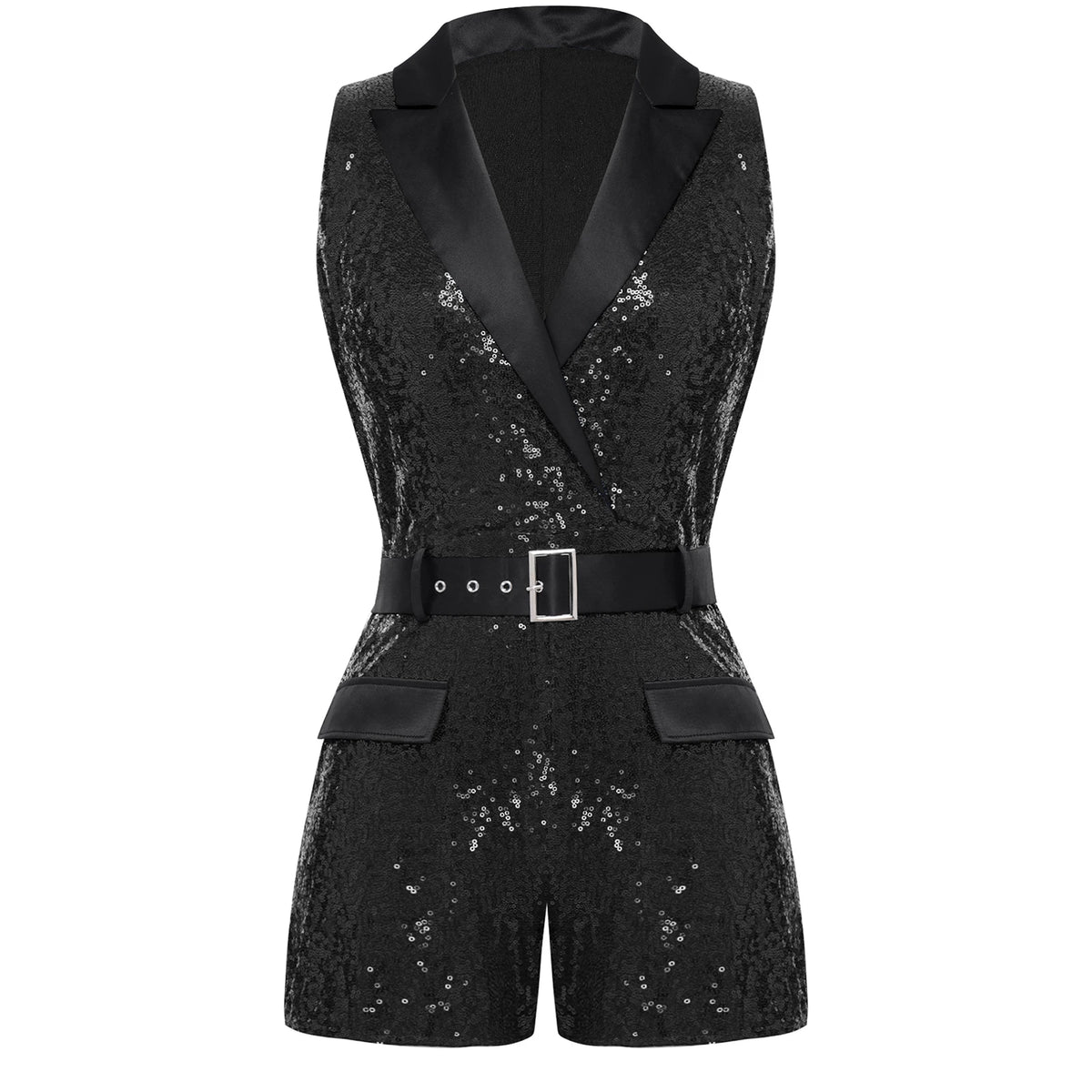 Womens Glittery Sequins Blazer Jumpsuit Lapel Wrap V Neck Sleeveless Rompers with Waist Belt Rave Disco Party Dance Clubwear