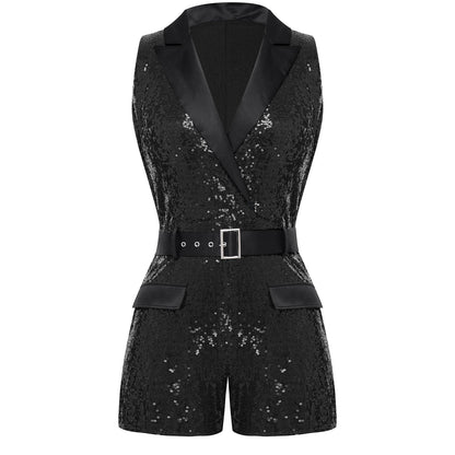 Womens Glittery Sequins Blazer Jumpsuit Lapel Wrap V Neck Sleeveless Rompers with Waist Belt Rave Disco Party Dance Clubwear