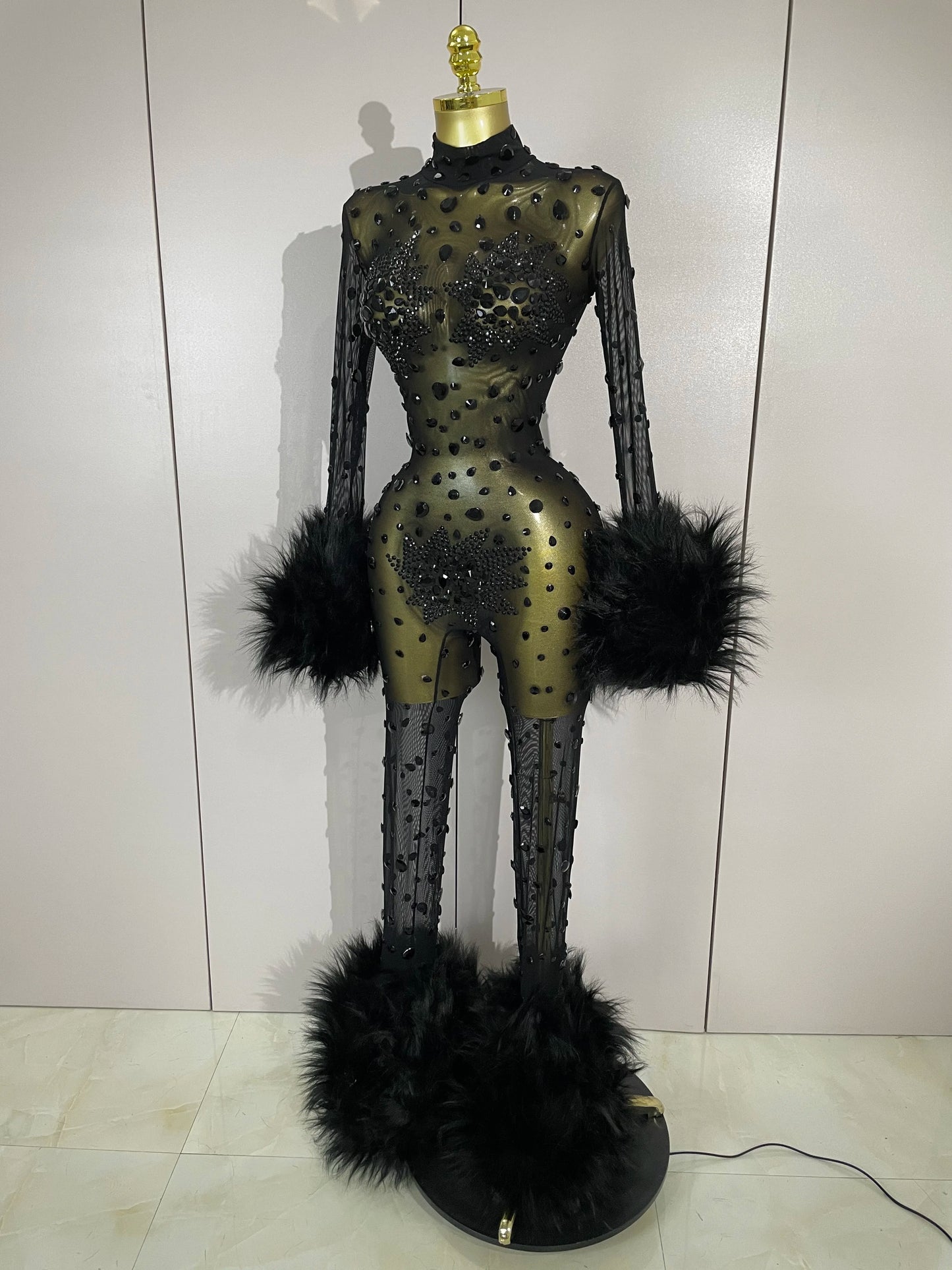STOCK Luxury Diamond Black Mesh Transparent Stretchy Long Sleeve Jumpsuit Women Sexy Performance Singer Costume Nightclub Outfit