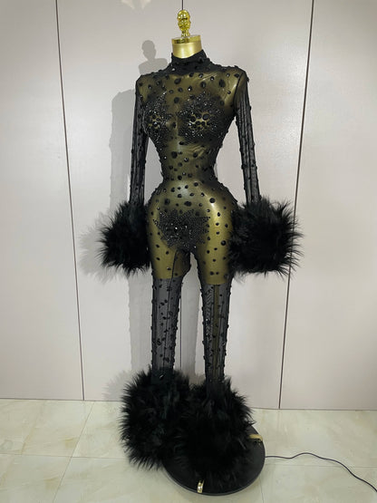 STOCK Luxury Diamond Black Mesh Transparent Stretchy Long Sleeve Jumpsuit Women Sexy Performance Singer Costume Nightclub Outfit