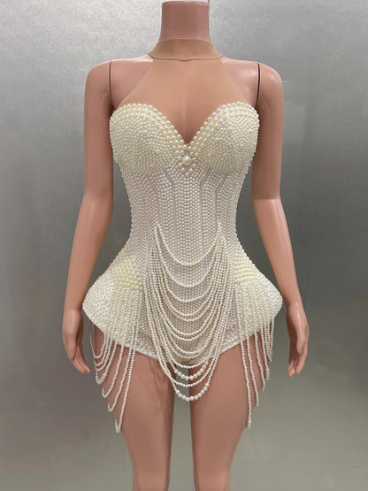 Luxury Pearls Beading Sexy Halter Backless Bodysuit Evening Party Performance Costume Bar Nightclub Singer Dancer Stage Wear