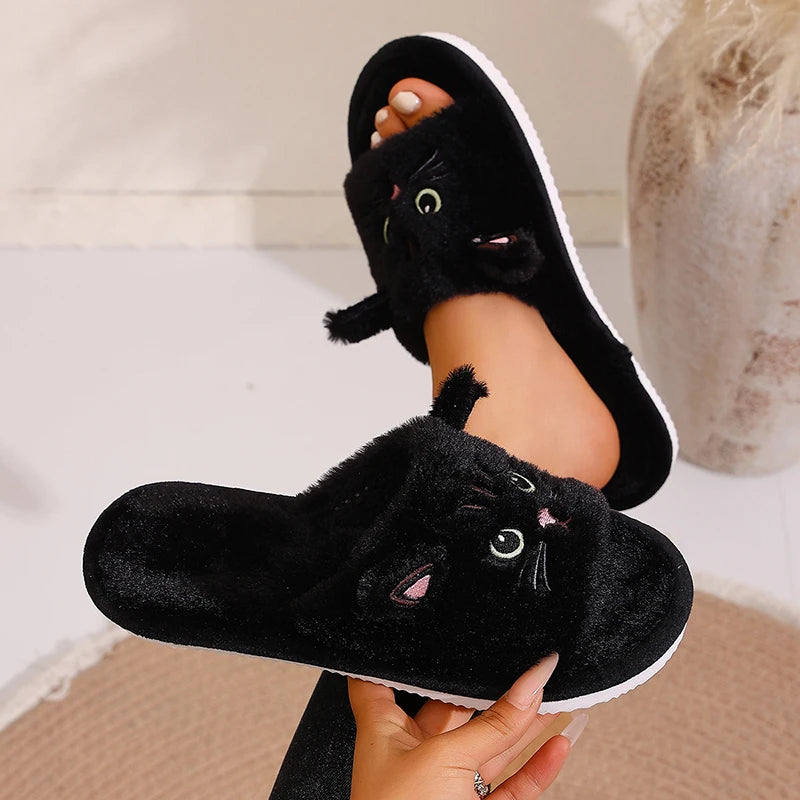 Casual Fluffy Women's Slippers Home Flats Cat Cartoon Luxury Designer Shoes Girls Spring Autumn Elegant Indoor Slides Soft Sole