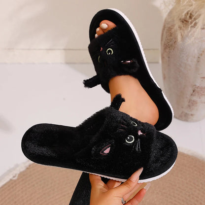 Casual Fluffy Women's Slippers Home Flats Cat Cartoon Luxury Designer Shoes Girls Spring Autumn Elegant Indoor Slides Soft Sole