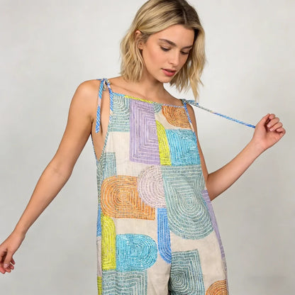 2026 Summer Women's Sleeveless Jumpsuit – Color Block Geometric Print, Spaghetti Strap, Wide-Leg Loose Vacation Romper
