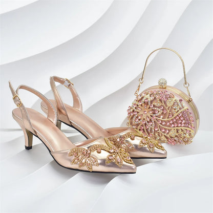 Women Nigerian Italian Shoes and Bags Set Decorated with Rhinestone Luxury Shoe and Bag Set for Party in Women Ladies Pumps