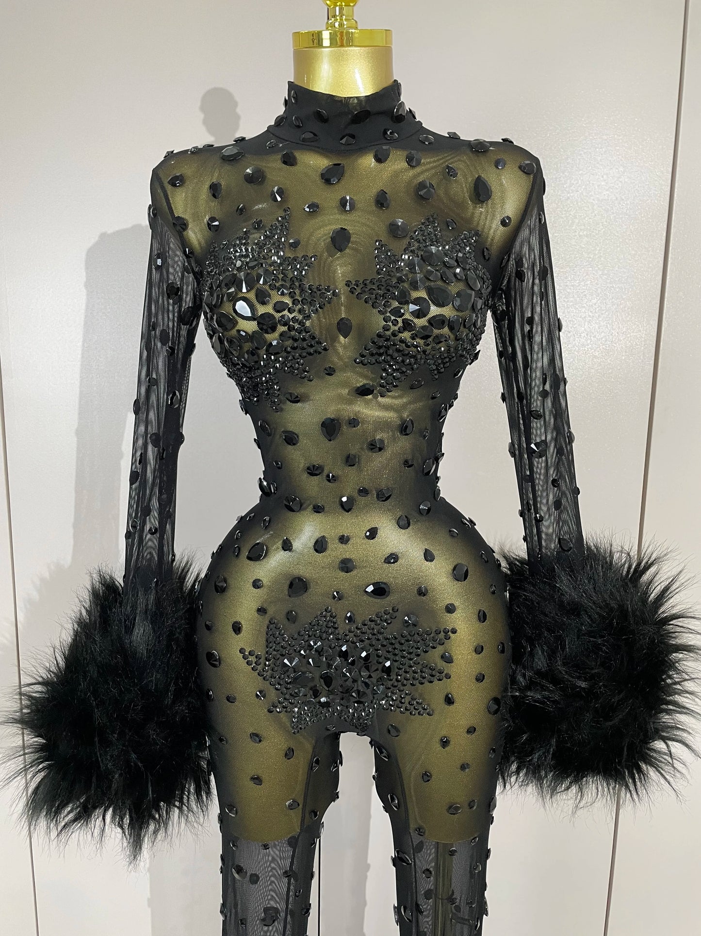 STOCK Luxury Diamond Black Mesh Transparent Stretchy Long Sleeve Jumpsuit Women Sexy Performance Singer Costume Nightclub Outfit