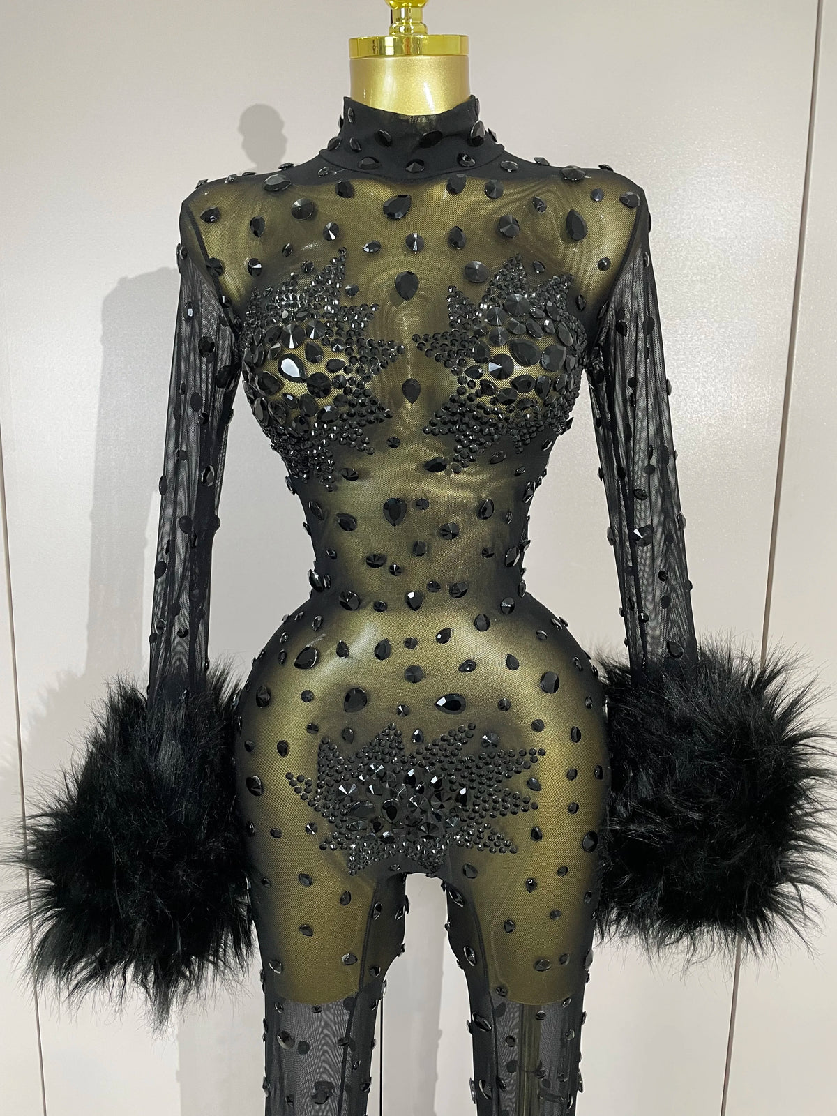 STOCK Luxury Diamond Black Mesh Transparent Stretchy Long Sleeve Jumpsuit Women Sexy Performance Singer Costume Nightclub Outfit