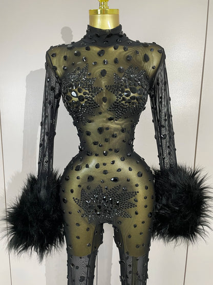 STOCK Luxury Diamond Black Mesh Transparent Stretchy Long Sleeve Jumpsuit Women Sexy Performance Singer Costume Nightclub Outfit