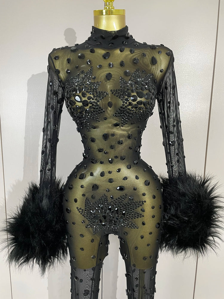 STOCK Luxury Diamond Black Mesh Transparent Stretchy Long Sleeve Jumpsuit Women Sexy Performance Singer Costume Nightclub Outfit