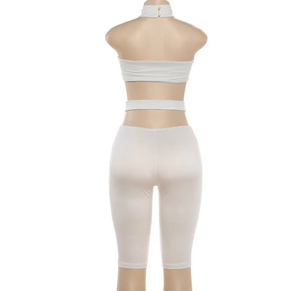 Sexy Halter Neck Cutout Bodycon Jumpsuit Women 2026 Summer Solid Studded Hollow Out Biker Short Romper Party Clubwear Outfits