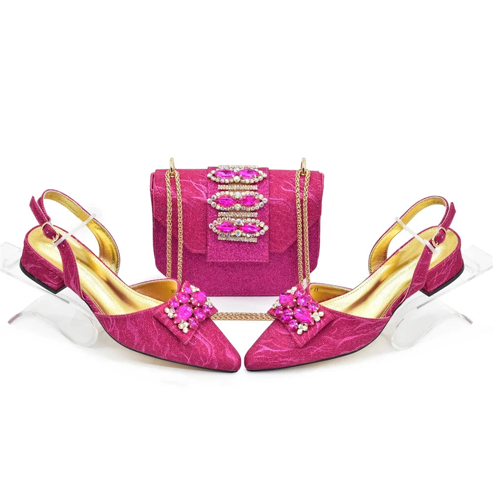 Designer Shoe and Bag Sets From Italy Luxury Rhinestone African Women Shoes and Bags Italy Low Heels Pointed Toe Woman Pumps