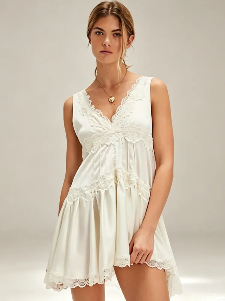 Women's A-Line Dress V-Neck Sleeveless Lace Trim Tiered Flared Casual Daily Wear Dress Stylish Ladies Frock
