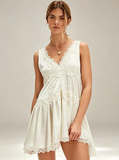 Women's A-Line Dress V-Neck Sleeveless Lace Trim Tiered Flared Casual Daily Wear Dress Stylish Ladies Frock