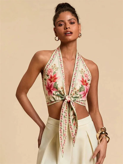 Sexy Knot Front Halter Crop Top for Women Summer Sleeveless Graphic Floral Printed V-neck Backless Tank Top Y2K Clothes