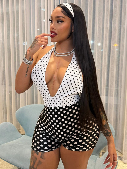 Weird Puss Polka Dots Print Patchwork Halter Backless Playsuit Summer Women's Suit Sexy Stretch Woman Jumpsuits and Rompers