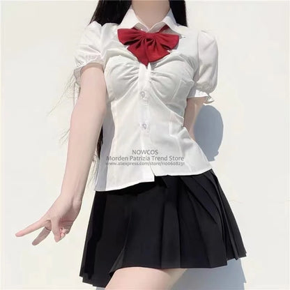 Summer Girls College Style Uniform Suit White Puff-Sleeve Shirt with Bow Slim Waist Skirt Set Women's Short-Sleeve Top And Skirt