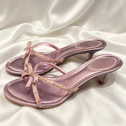 CRYSTAL Bowknot Decorated Kitten Heel Slippers for Women Sexy Round Toe Summer Luxury Sandals Elegant Party Designer Dress Shoes