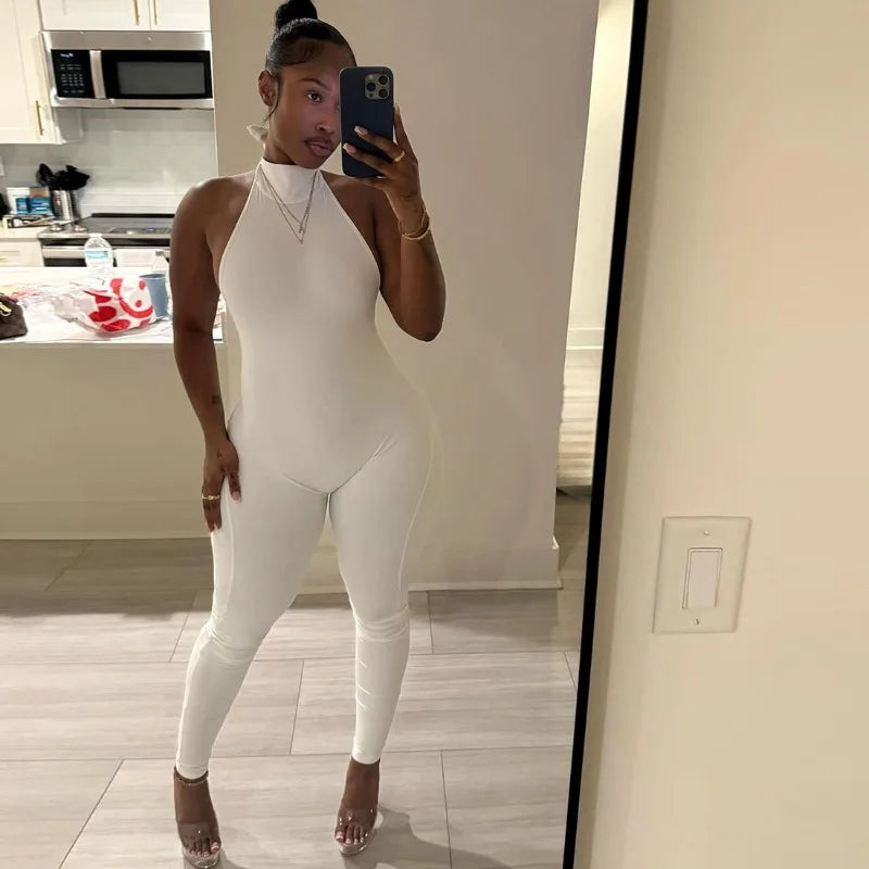 ANJAMANOR Halter Backless Bodycon Jumpsuits Sexy Clubwear Woman Catsuit White Black One Piece Outfit Summer 2026 D87-CE35