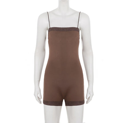 SUCHCUTE Sexy Lace Patchwork Strapless Jumpsuit Women Brown Rompers Y2k Casual Bodysuits Vintage One-piece Suit Summer Aesthetic