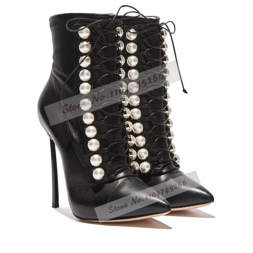 Glossy White Pearl Button Blade Heel Ankle Boots Black Matte Leather Lace-Up Beaded Booties Pointed Toe Metal Thin High Heels