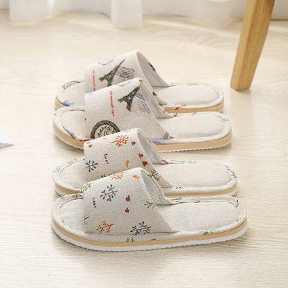 Four Season Linen Home Slippers Women Autumn Indoor Casual Floral Slides Couples House Non-slip Sandals Adults Cartoon Cat Shoes