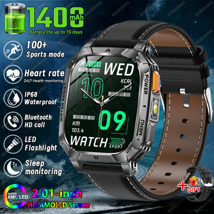 New 1400 mAh Battery Military Smartwatch Men IP68 Waterproof Flashlight Health Monitor Sports Call Smart Watch For iOS Android
