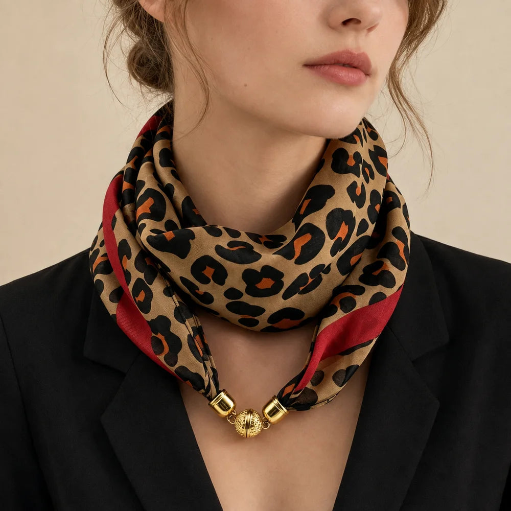 63x63cm Leopard Print Square Scarf for Women with Magnetic Clasp Lightweight Chiffon Neck Scarf Fashion Accessory