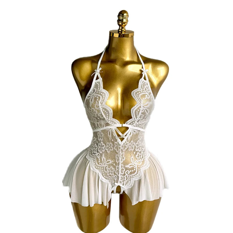 Sexy Crotchless Lingerie Women Lace Hollow Bodysuit Pajamas Teddy Babydolls Deep V Underwear