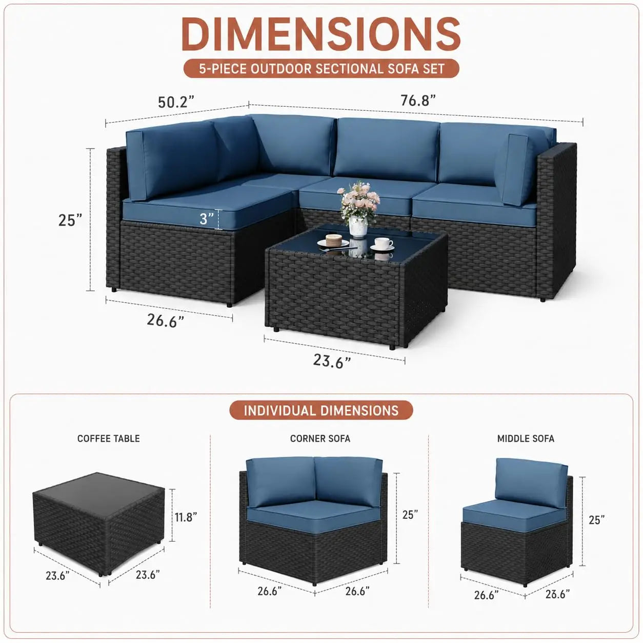 5-Piece Patio Furniture Set, Outdoor Wicker Sectional Sofa with 4-Inch Thick Cushions & Coffee Table, All-Weather PE, Custom