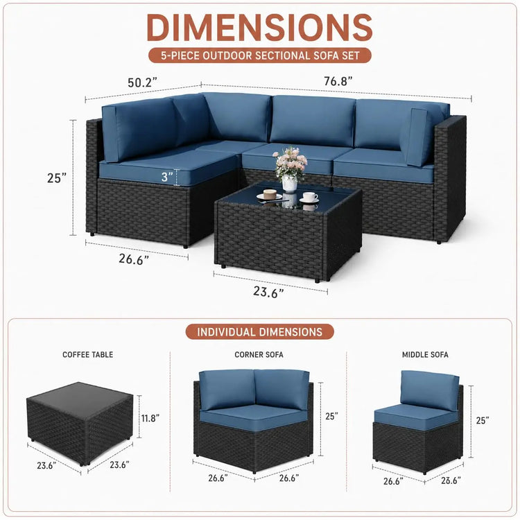 5-Piece Patio Furniture Set, Outdoor Wicker Sectional Sofa with 4-Inch Thick Cushions & Coffee Table, All-Weather PE, Custom