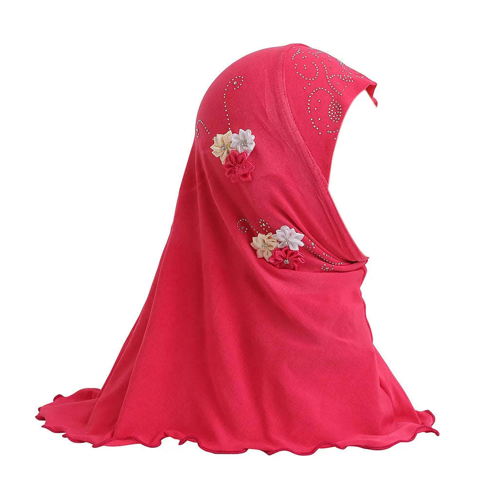 BOHOWAII Kids Girls Muslim Instant Hijab Ready To Wear Islamic Shawls Turban with Flowers Scarfs Jersey Head Wrap (2-7 Y)