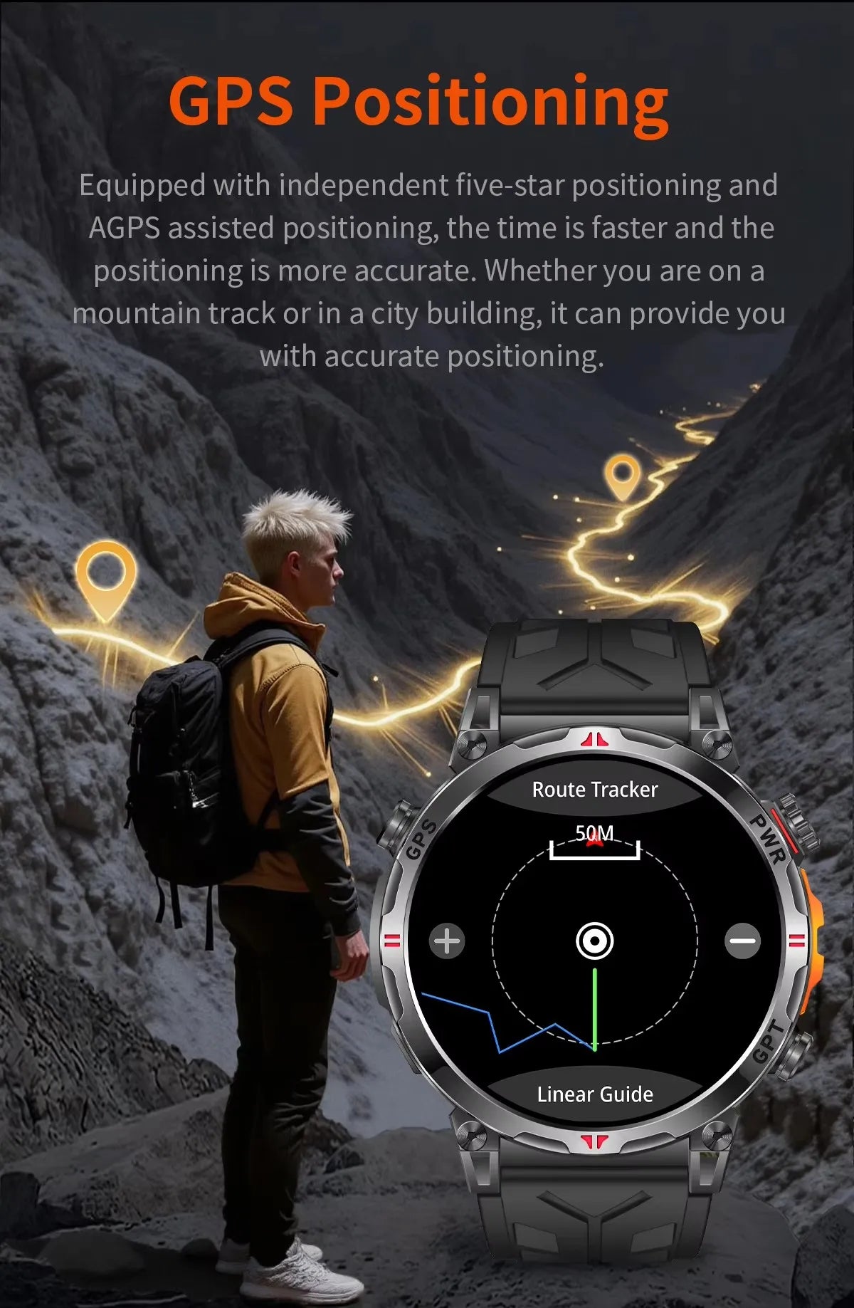 Men KC93 Smart Watch 1.56inch AMOLED GPS Positioning Outdoors Sports Fitness Tracker Bluetooth Calling Large Battery Smartwatch