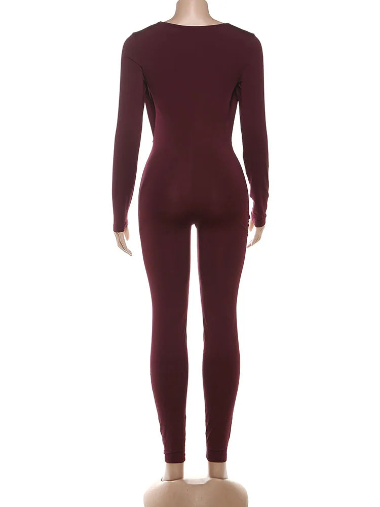 Sisterlinda Swinging Neck Slim Jumpsuits Sexy Hot Solid Cleavage Full Sleeve Elastic Overalls+Inside Chest Tanks Mujer Clubwear