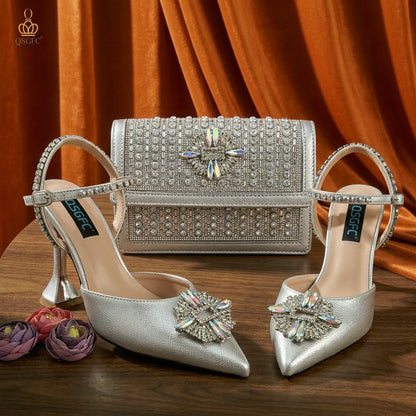 QSGFC High Quality Women's Pumps And Bag Silver Color Full Of Rhinestones High-Grade Materials For Nigerian Wedding Party