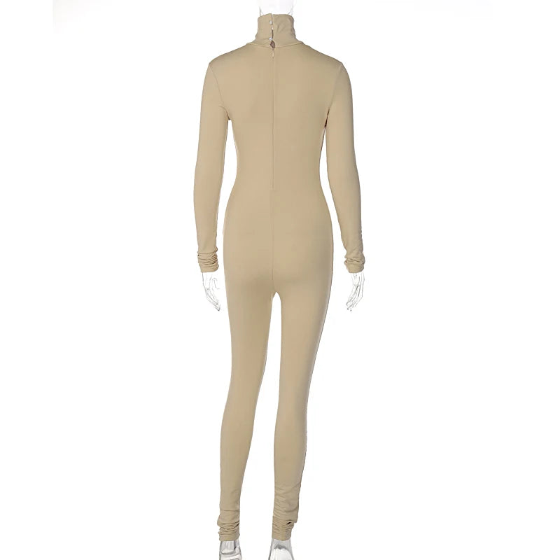 Hugcitar Fall Long Sleeve Solid Turtleneck Sexy Skinny Bodycon Jumpsuit Women Fashion Streetwear Sport Casual Romper Overalls