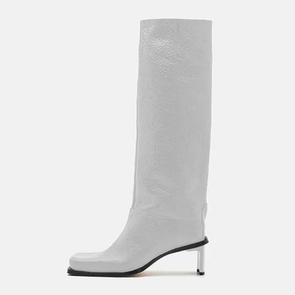 2026New Fashionable Square Head High Heels Women's Knee Length Boots with Side Zipper Stone Pattern Women's Mid Length Boots