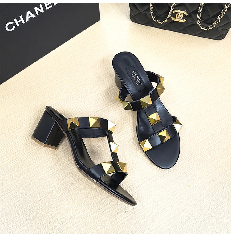 Women's Heels Sandals Gladiator Summer Luxury Brand Designer Rivets Open Toe Slipper Slingbacks Comfortable Ladies Shoes Women