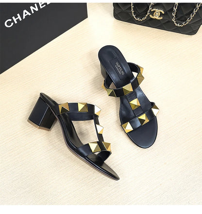 Women's Heels Sandals Gladiator Summer Luxury Brand Designer Rivets Open Toe Slipper Slingbacks Comfortable Ladies Shoes Women