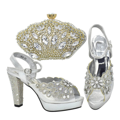Fashion Italian Shoe and Bag Set for Party In Women Afrcan Party Shoes with Bag Set with Rhinetsone Luxury Shoes Women Designers