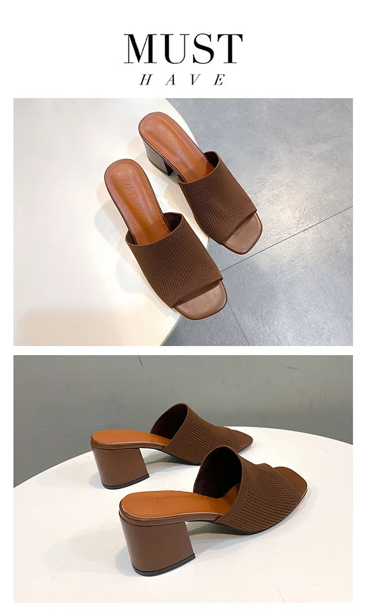 Women's Luxury Casual Soft High Heel Sandals Black Mules Summer Slippers Outdoor Shoes Open Toe
