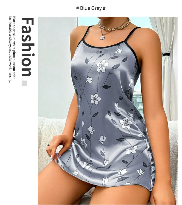 Ladies Sexy Sling Nightgown Nightdress Women's Sexy Lingerie Silk Satin Sleepwear Floral Pinting Nightwear Homewear Mini Dress