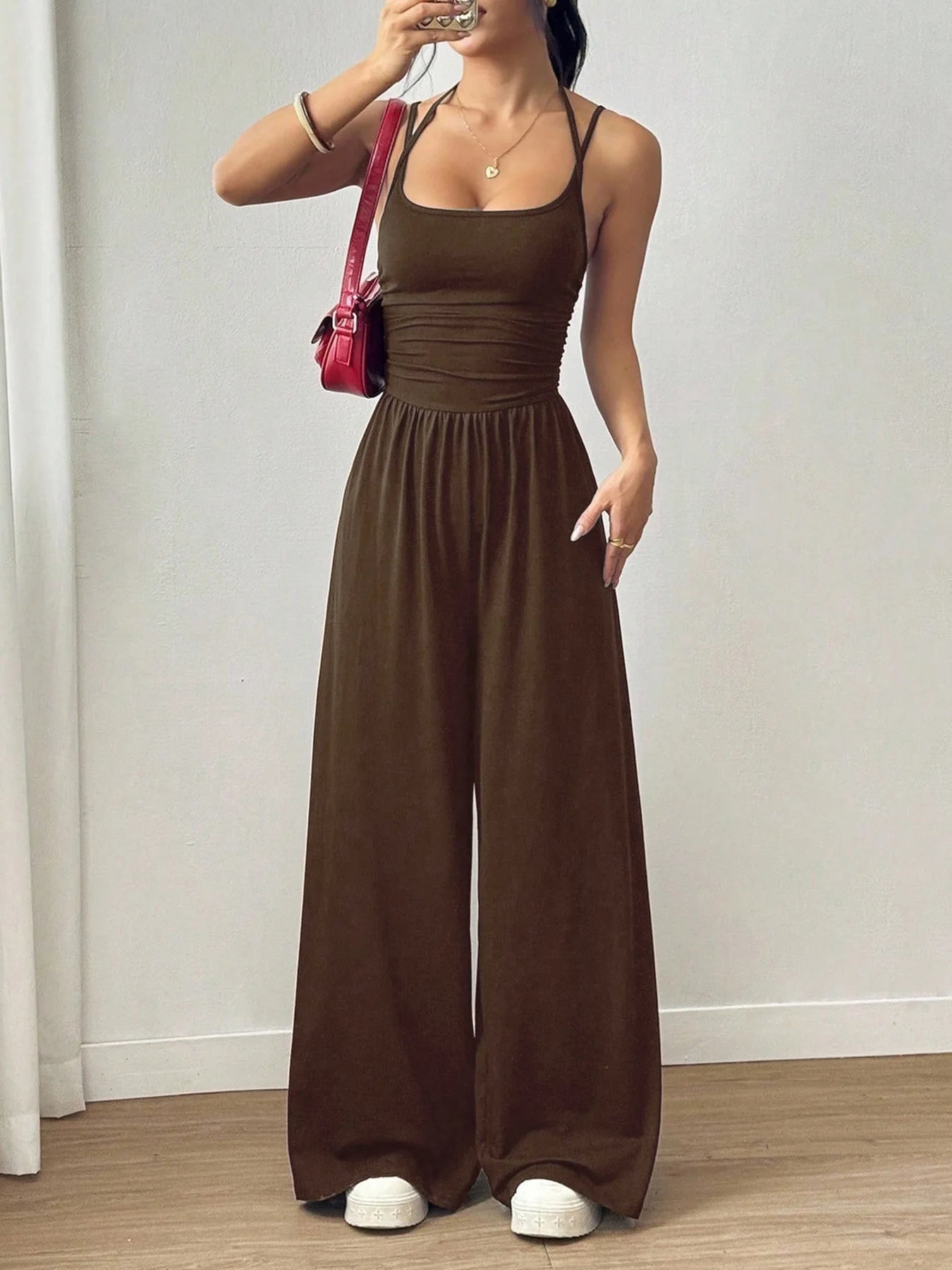 Women Halter Spaghetti Strap Jumpsuits Summer Casual Elastic High Waist Backless Wide Leg Long Pants Romper Club Party Overalls