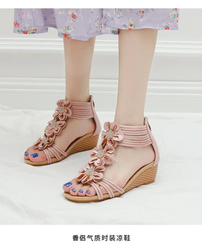 High quality leather flat sandals for women 5cm mid heel flower summer 2026 36 42 open toe vintage beach shoe black pink beige