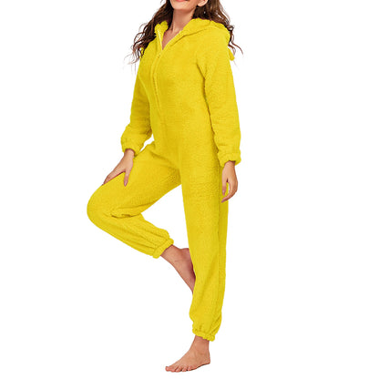 Women Winter Warm Plush Romper Pajamas Solid Color Long-Sleeve Zipper High Neck Hooded Homewear S/M/L/XL/2XL