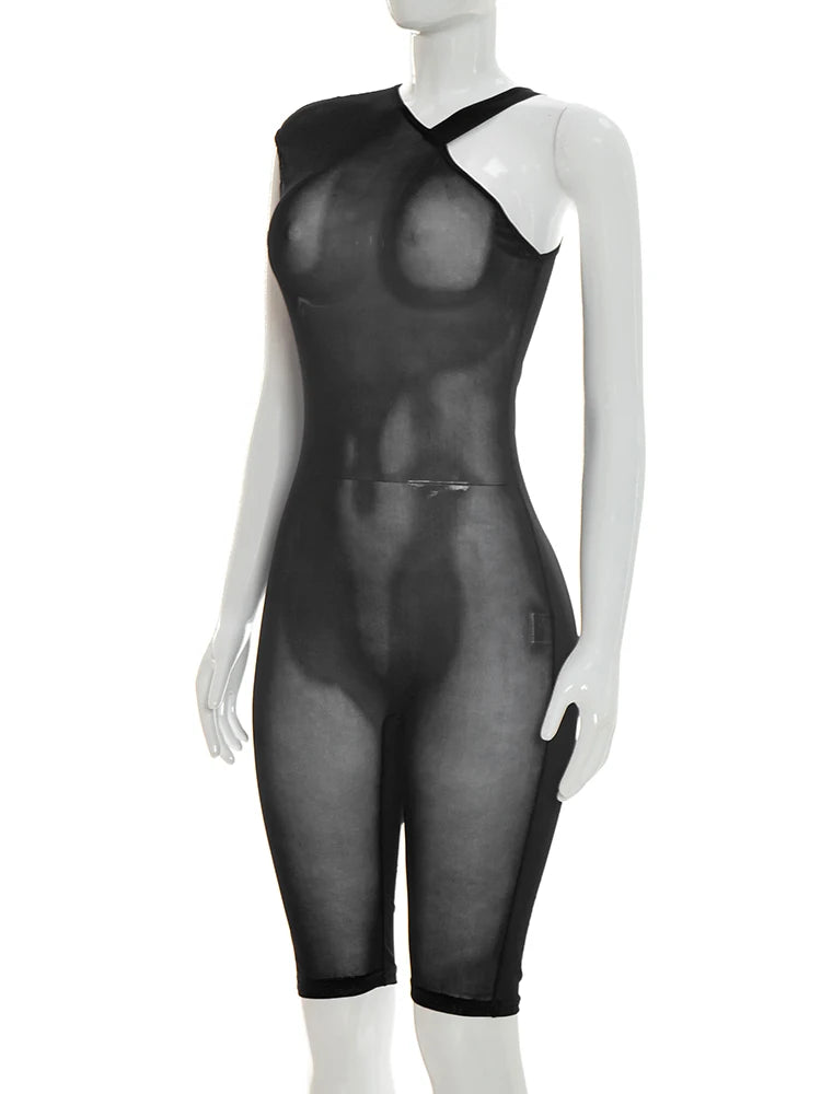 Weird Puss See Through Playsuits Women Solid Irregular Collar Skinny High Elasticity Sexy Midnight Hottie Summer Wild Romper
