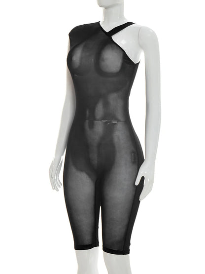 Weird Puss See Through Playsuits Women Solid Irregular Collar Skinny High Elasticity Sexy Midnight Hottie Summer Wild Romper