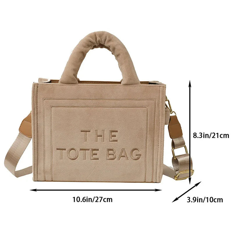 Women's Khaki Velour Tote Bag Original Letter Print Medium Ladies Shopper Handbag Female Square Medium Shoulder Bags