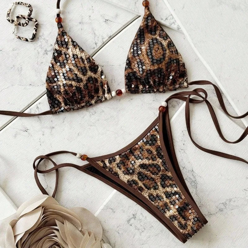2026 Leopard Sequins Halter Strappy Bikini Women Swimwear Female Swimsuit Two-pieces Bikini Set Bather Bathing Suit Swim Lady