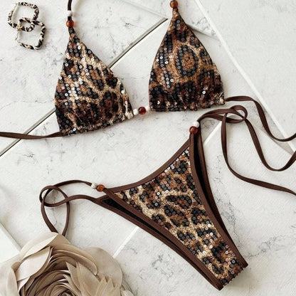 2026 Leopard Sequins Halter Strappy Bikini Women Swimwear Female Swimsuit Two-pieces Bikini Set Bather Bathing Suit Swim Lady